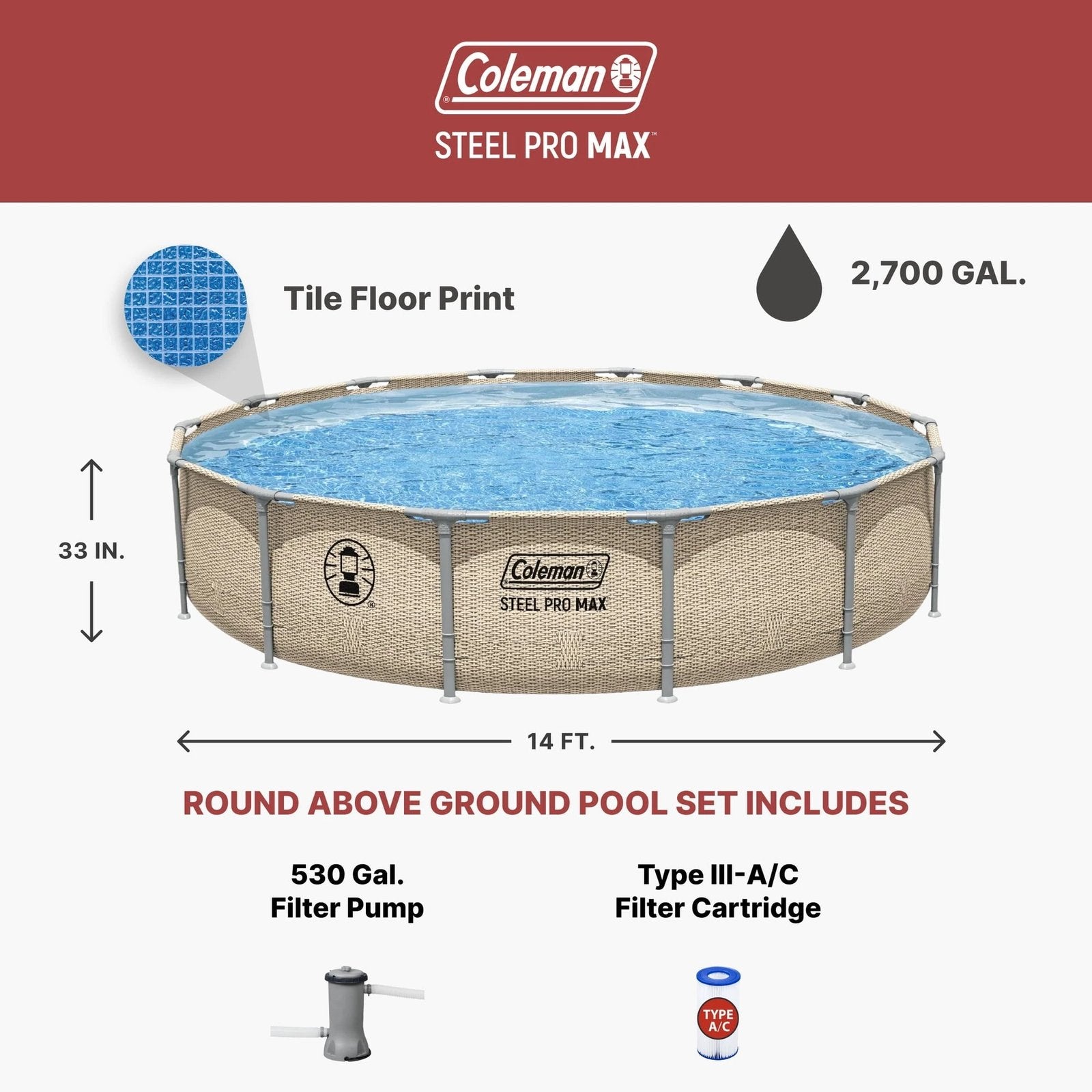 14′ x 33″ Round Metal Frame Above Ground Pool Set - Image 2