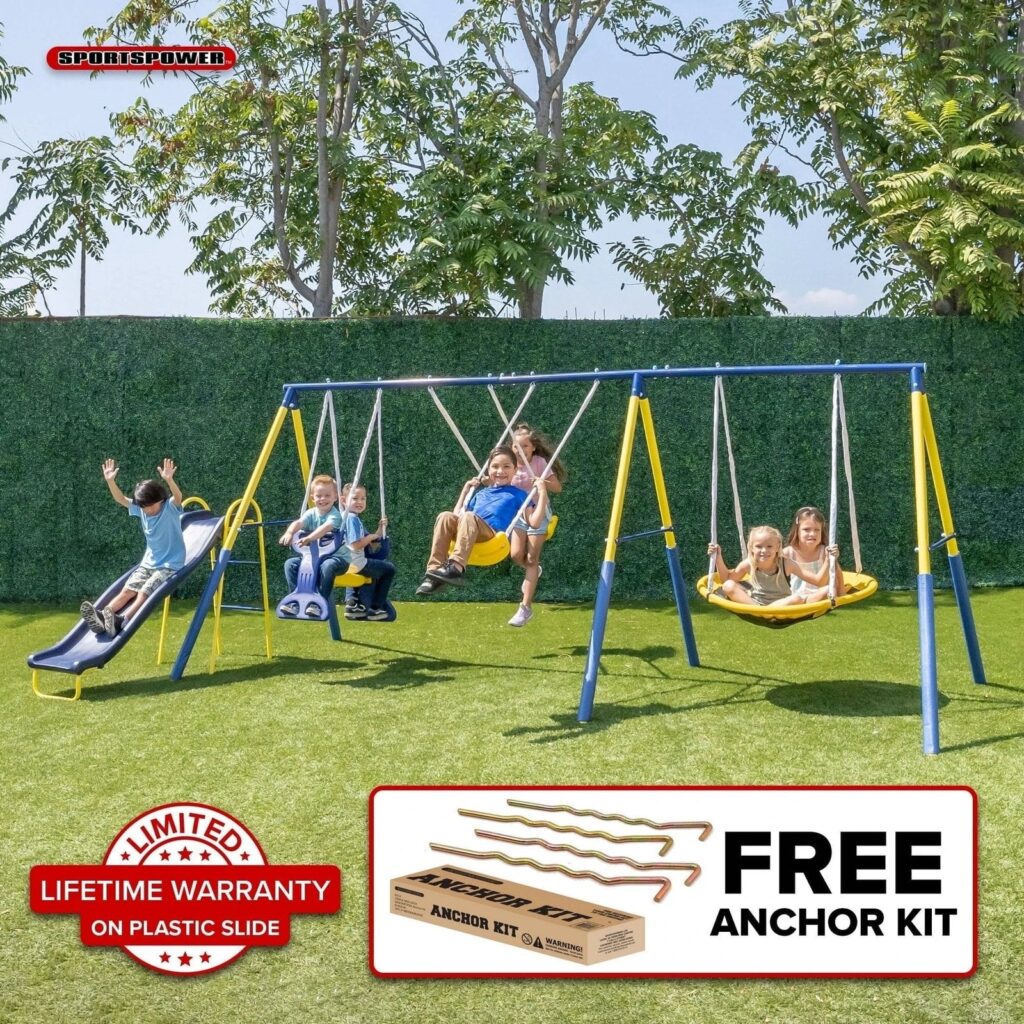 Super Star 5-in-1 Metal Swing Set: 2 Swings, Flying Saucer, 2-Person Roman Glider, 6.5ft Slide; Great for Kids 3-8; Bonus Anchor Kit