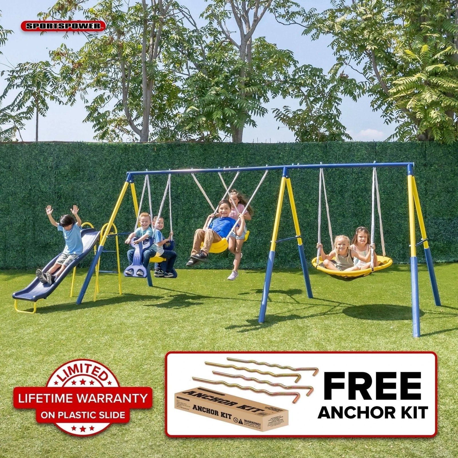 Super Star 5-in-1 Metal Swing Set: 2 Swings, Flying Saucer, 2-Person Roman Glider, 6.5ft Slide; Great for Kids 3-8; Bonus Anchor Kit