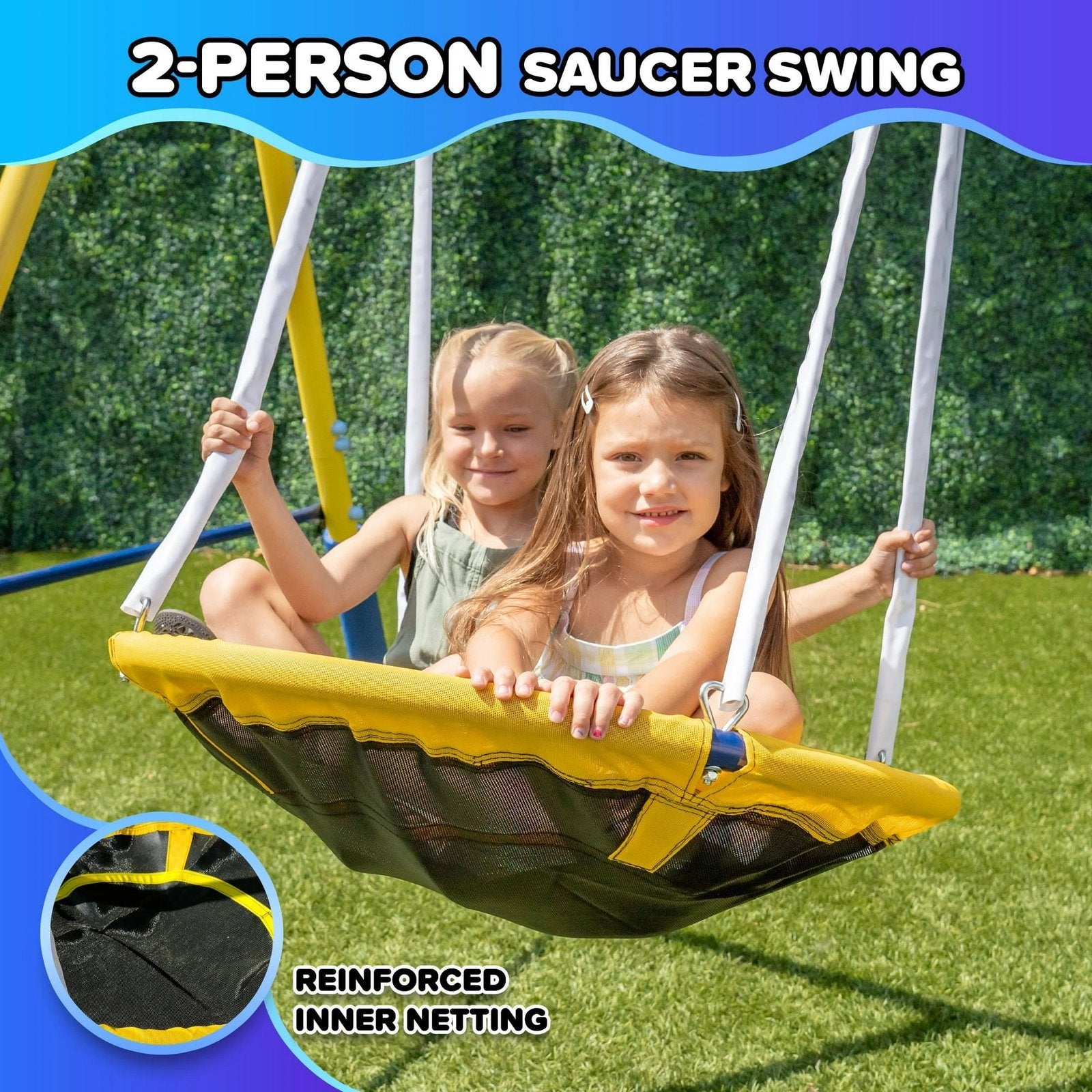 Super Star 5-in-1 Metal Swing Set: 2 Swings, Flying Saucer, 2-Person Roman Glider, 6.5ft Slide; Great for Kids 3-8; Bonus Anchor Kit - Image 2