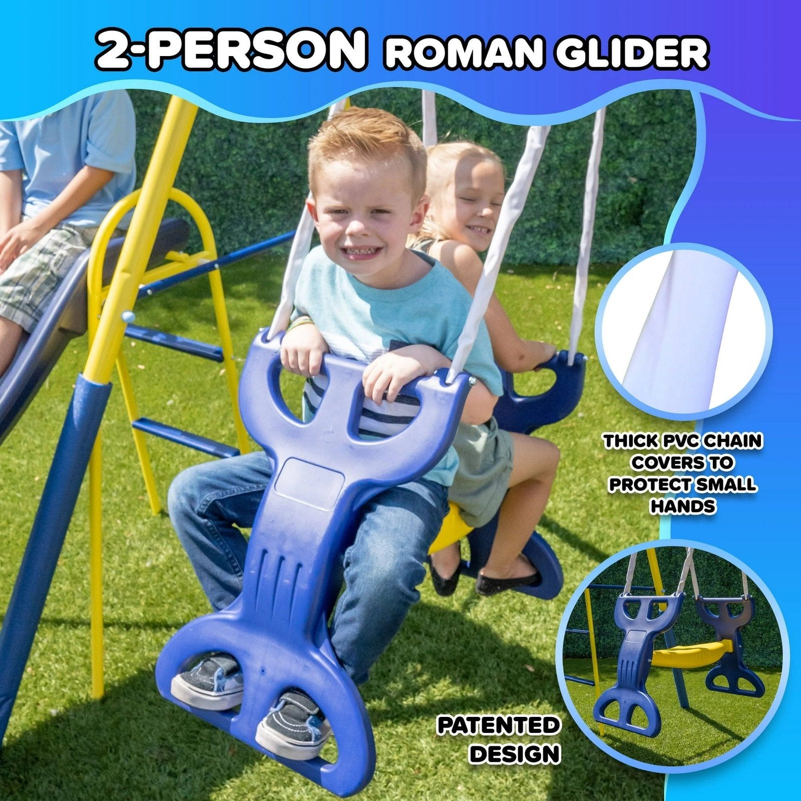 Super Star 5-in-1 Metal Swing Set: 2 Swings, Flying Saucer, 2-Person Roman Glider, 6.5ft Slide; Great for Kids 3-8; Bonus Anchor Kit - Image 5