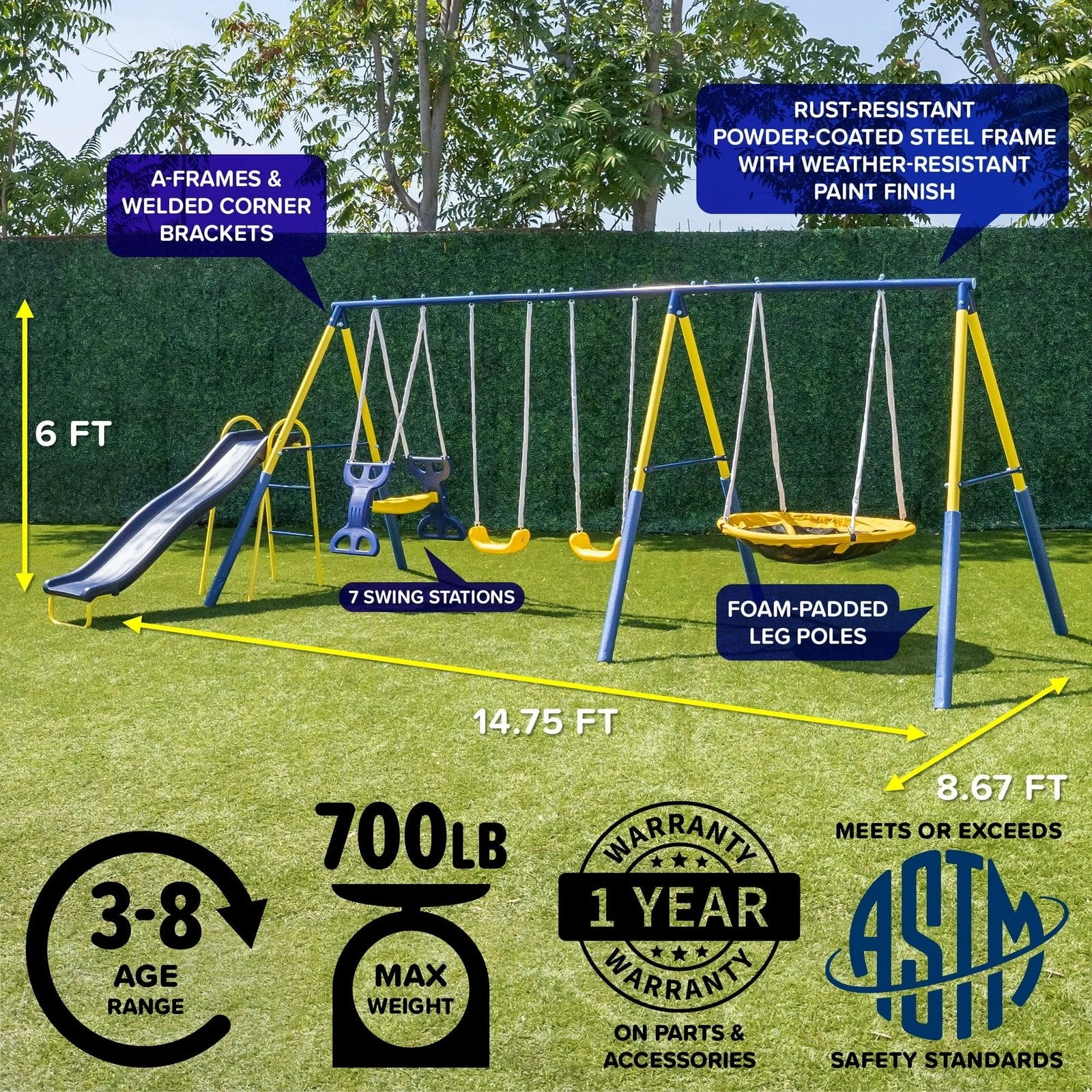 Super Star 5-in-1 Metal Swing Set: 2 Swings, Flying Saucer, 2-Person Roman Glider, 6.5ft Slide; Great for Kids 3-8; Bonus Anchor Kit - Image 7