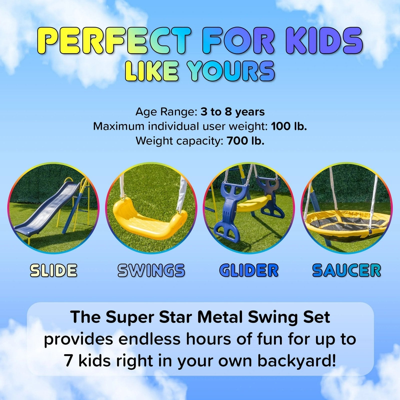 Super Star 5-in-1 Metal Swing Set: 2 Swings, Flying Saucer, 2-Person Roman Glider, 6.5ft Slide; Great for Kids 3-8; Bonus Anchor Kit - Image 9