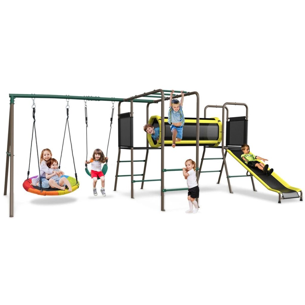 6-in-1 Swing Set with Slide,Crawl Tunnel and Monkey Bars for Backyard, Playground for Kids Aged 3-12
