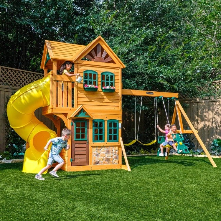 Boulder Station Wooden Swing Set / Playset with Tube Slide