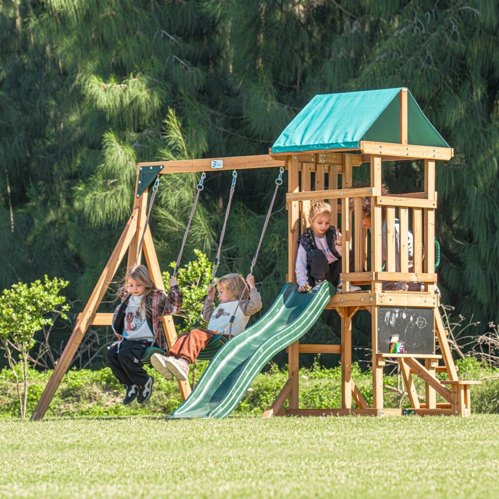 Playground Wooden Outdoor Playset with Dual Swings, Slide, and Playhouse – Rounded Edges