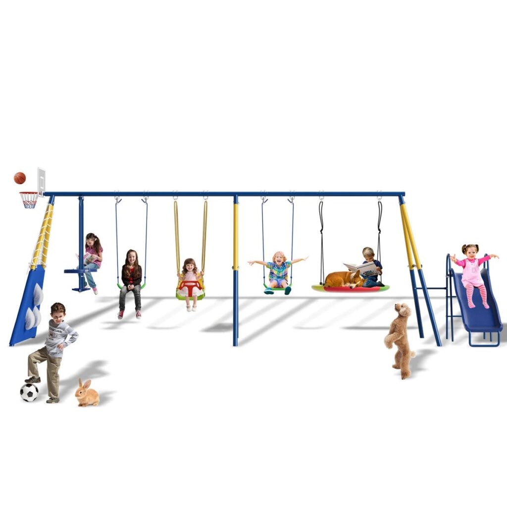 8 in1 Swing Sets for Backyard with Kids Slide Outdoor Heavy-Duty Metal Playset for Kids 550lbs Swing Set with Slide, Saucer Seat, 2 Belt Seat, Soccer Goals, Glider,Baby Swing Set and Baketball Hoop