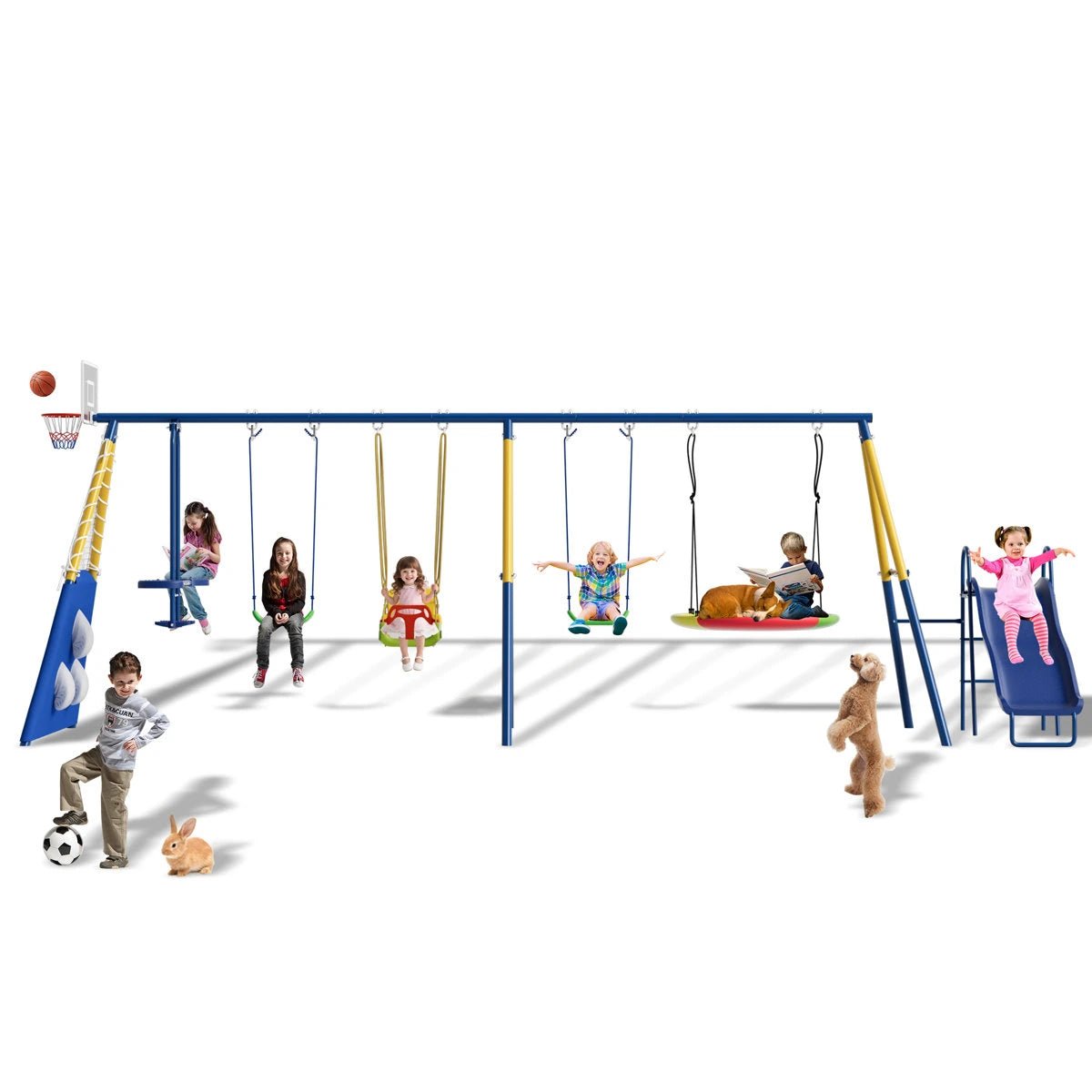8 in1 Swing Sets for Backyard with Kids Slide Outdoor Heavy-Duty Metal Playset for Kids 550lbs Swing Set with Slide, Saucer Seat, 2 Belt Seat, Soccer Goals, Glider,Baby Swing Set and Baketball Hoop