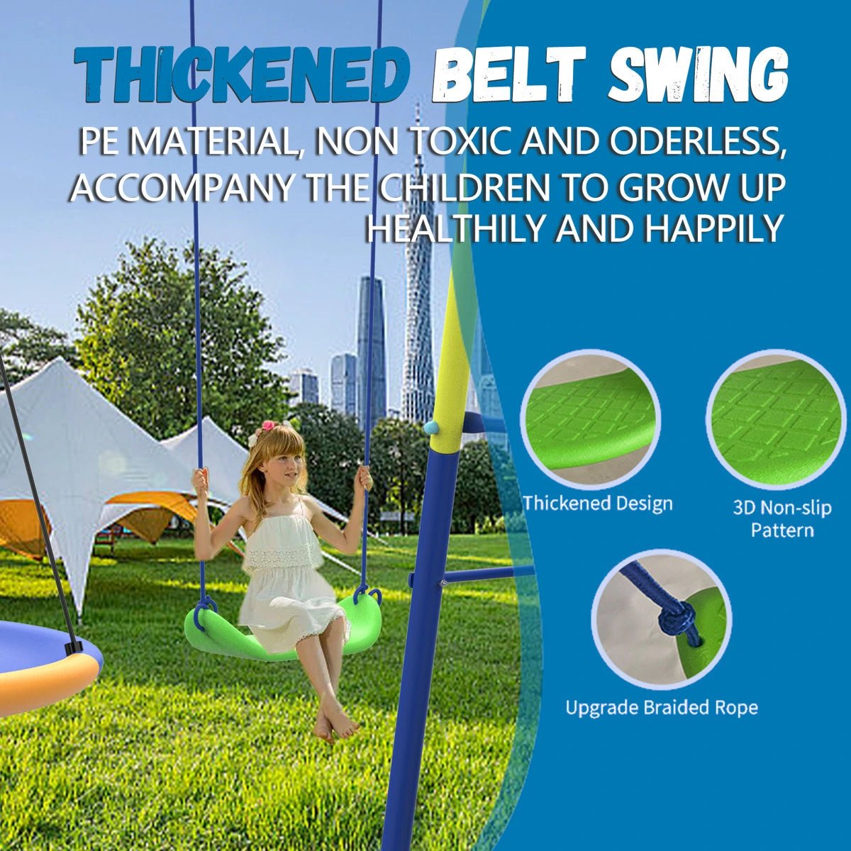 8 in1 Swing Sets for Backyard with Kids Slide Outdoor Heavy-Duty Metal Playset for Kids 550lbs Swing Set with Slide, Saucer Seat, 2 Belt Seat, Soccer Goals, Glider,Baby Swing Set and Baketball Hoop - Image 10