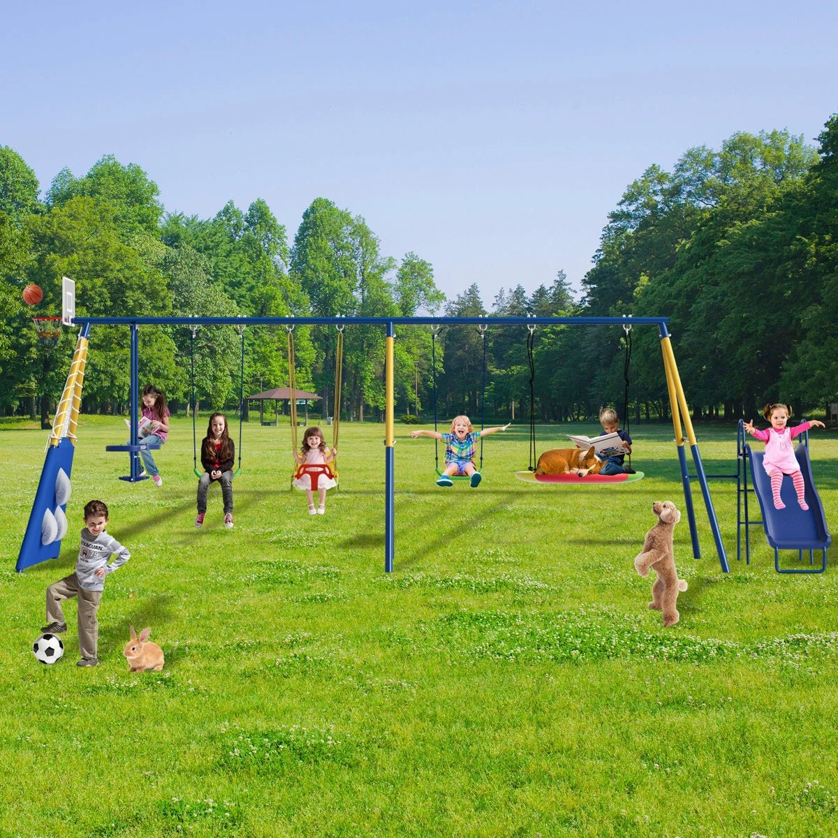 8 in1 Swing Sets for Backyard with Kids Slide Outdoor Heavy-Duty Metal Playset for Kids 550lbs Swing Set with Slide, Saucer Seat, 2 Belt Seat, Soccer Goals, Glider,Baby Swing Set and Baketball Hoop - Image 2
