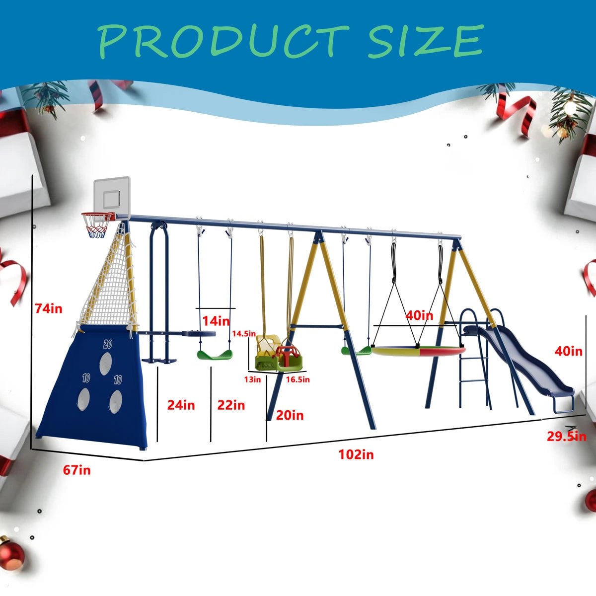 8 in1 Swing Sets for Backyard with Kids Slide Outdoor Heavy-Duty Metal Playset for Kids 550lbs Swing Set with Slide, Saucer Seat, 2 Belt Seat, Soccer Goals, Glider,Baby Swing Set and Baketball Hoop - Image 3
