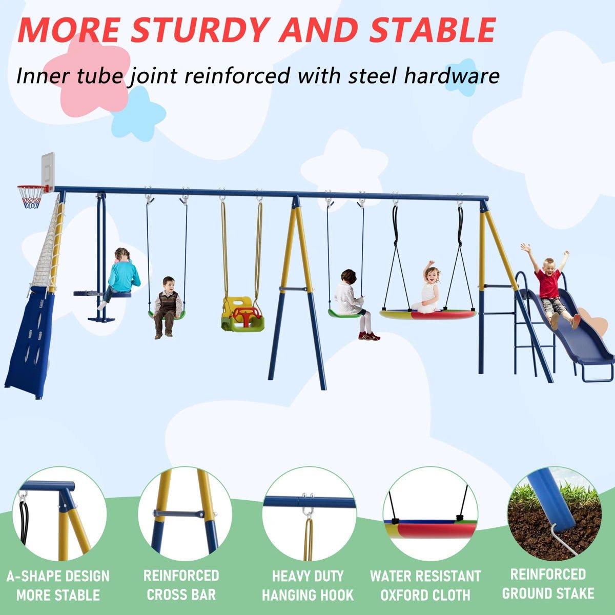 8 in1 Swing Sets for Backyard with Kids Slide Outdoor Heavy-Duty Metal Playset for Kids 550lbs Swing Set with Slide, Saucer Seat, 2 Belt Seat, Soccer Goals, Glider,Baby Swing Set and Baketball Hoop - Image 4