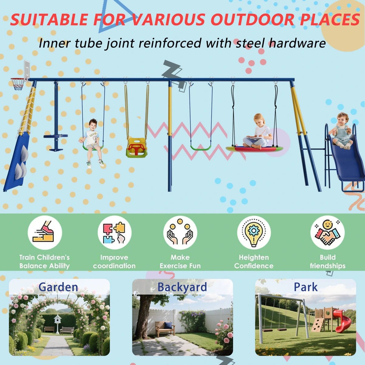 8 in1 Swing Sets for Backyard with Kids Slide Outdoor Heavy-Duty Metal Playset for Kids 550lbs Swing Set with Slide, Saucer Seat, 2 Belt Seat, Soccer Goals, Glider,Baby Swing Set and Baketball Hoop - Image 5