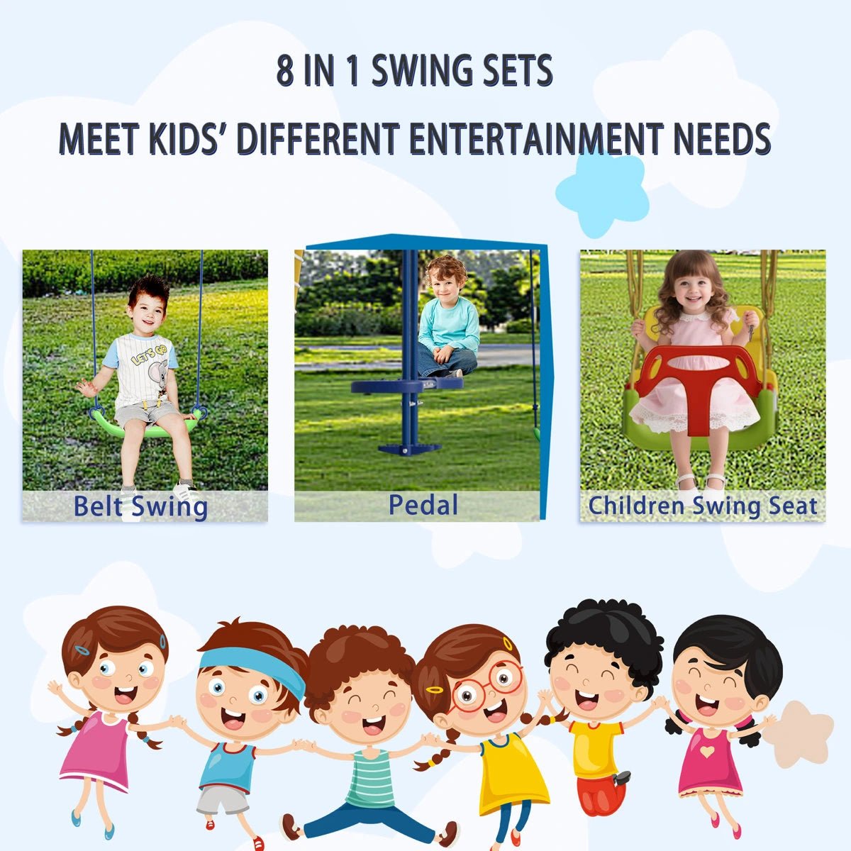 8 in1 Swing Sets for Backyard with Kids Slide Outdoor Heavy-Duty Metal Playset for Kids 550lbs Swing Set with Slide, Saucer Seat, 2 Belt Seat, Soccer Goals, Glider,Baby Swing Set and Baketball Hoop - Image 6