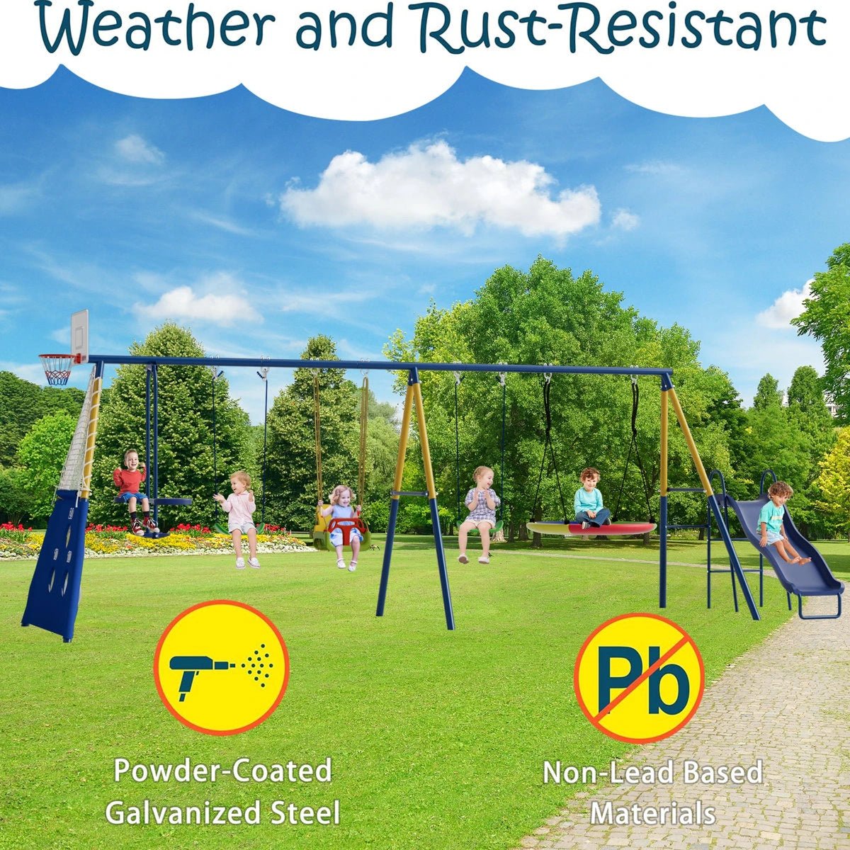 8 in1 Swing Sets for Backyard with Kids Slide Outdoor Heavy-Duty Metal Playset for Kids 550lbs Swing Set with Slide, Saucer Seat, 2 Belt Seat, Soccer Goals, Glider,Baby Swing Set and Baketball Hoop - Image 8