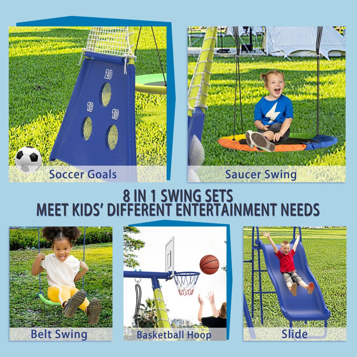 8 in1 Swing Sets for Backyard with Kids Slide Outdoor Heavy-Duty Metal Playset for Kids 550lbs Swing Set with Slide, Saucer Seat, 2 Belt Seat, Soccer Goals, Glider,Baby Swing Set and Baketball Hoop - Image 9