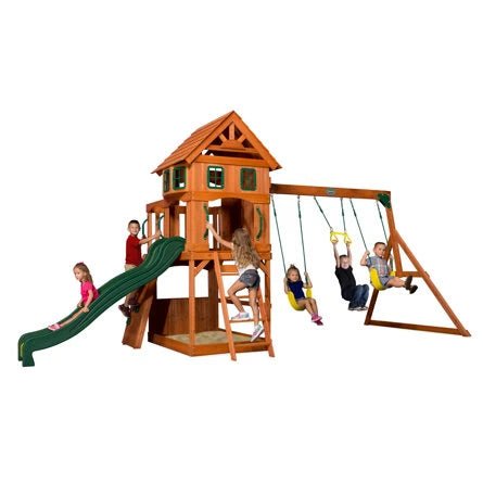 Atlantis Cedar Wood Swing Set with Wave Slide, Clubhouse, Rock Wall, and Sandbox Area