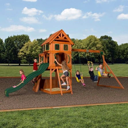 Atlantis Cedar Wood Swing Set with Wave Slide, Clubhouse, Rock Wall, and Sandbox Area - Image 2