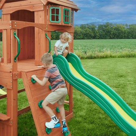 Atlantis Cedar Wood Swing Set with Wave Slide, Clubhouse, Rock Wall, and Sandbox Area - Image 3