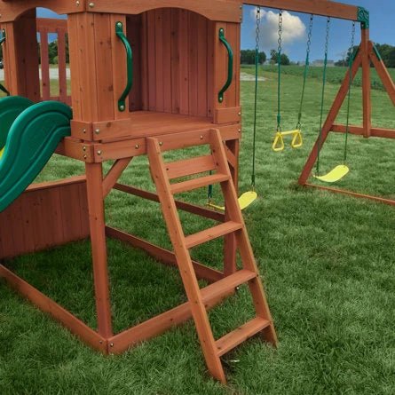 Atlantis Cedar Wood Swing Set with Wave Slide, Clubhouse, Rock Wall, and Sandbox Area - Image 4