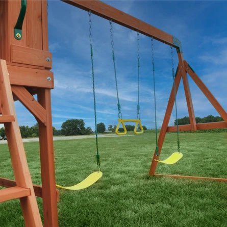 Atlantis Cedar Wood Swing Set with Wave Slide, Clubhouse, Rock Wall, and Sandbox Area - Image 6