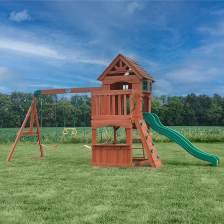 Atlantis Cedar Wood Swing Set with Wave Slide, Clubhouse, Rock Wall, and Sandbox Area - Image 7