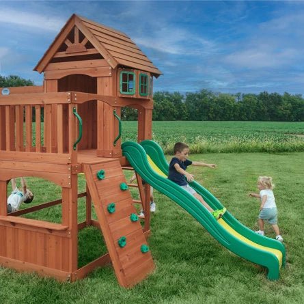 Atlantis Cedar Wood Swing Set with Wave Slide, Clubhouse, Rock Wall, and Sandbox Area - Image 8