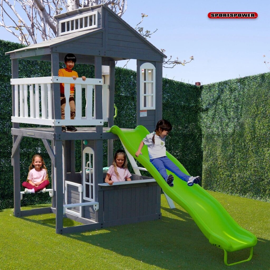 Blakely 2-Story Playhouse with 8FT Slide, Working Door, Benches for Rest & Pretend Play Features, for Kids Ages 3-10, Wooden Elevated Playhouse