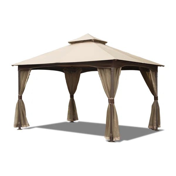10′ Patio Gazebo with Netting – Metal Double Roof, Waterproof Canopy, Khaki
