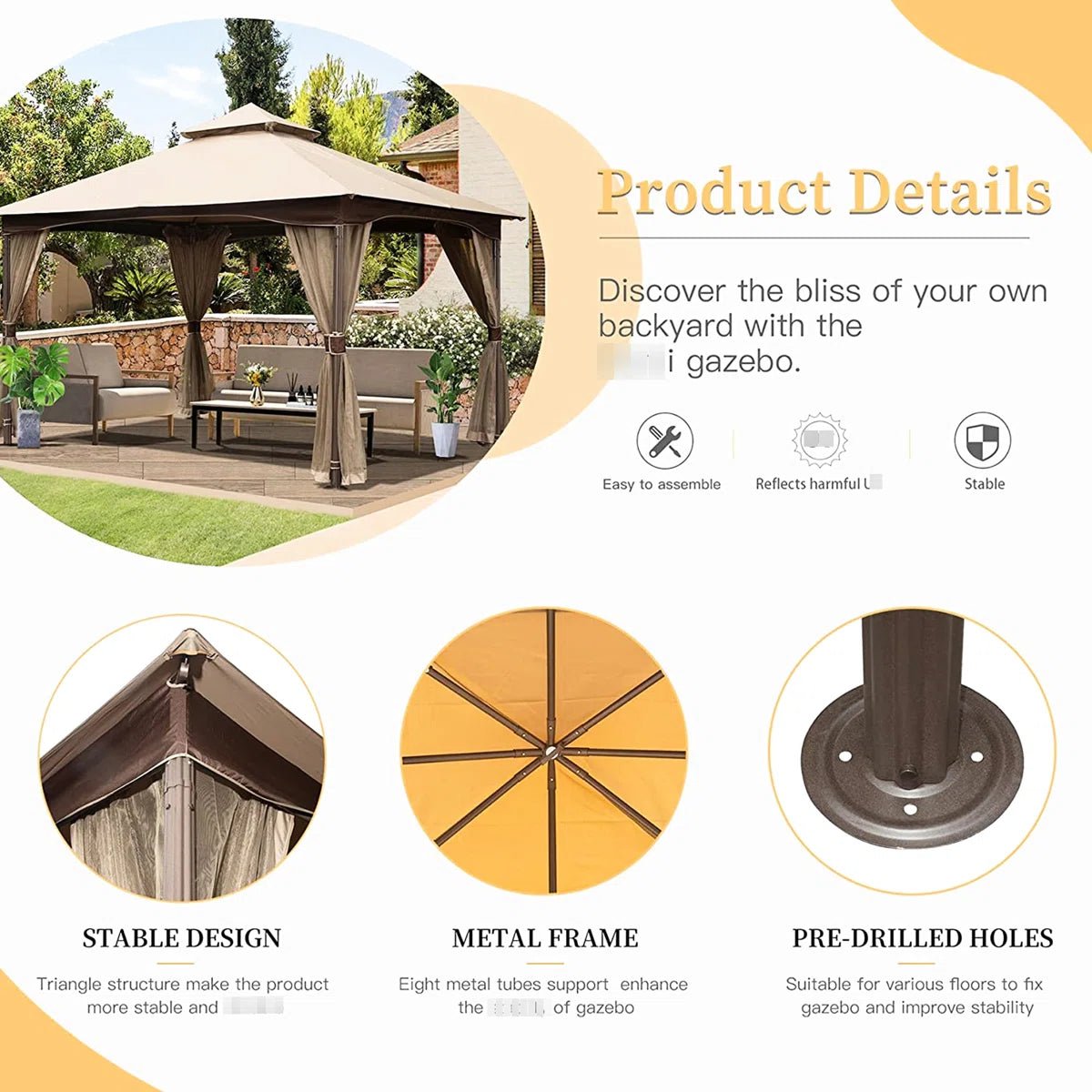 10′ Patio Gazebo with Netting – Metal Double Roof, Waterproof Canopy, Khaki - Image 3