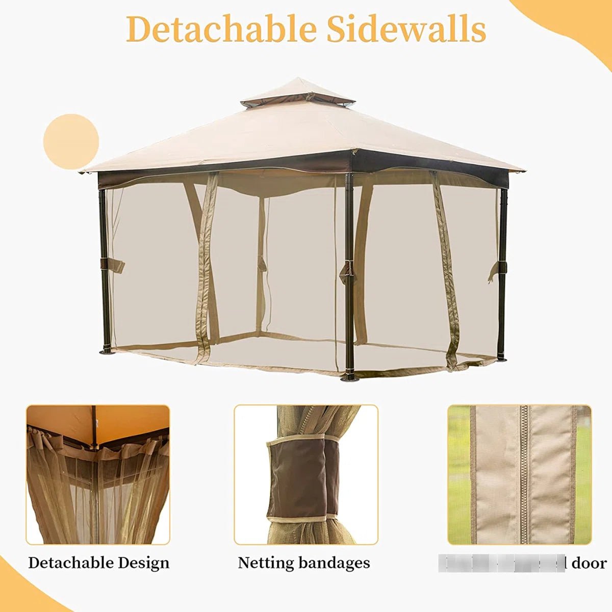 10′ Patio Gazebo with Netting – Metal Double Roof, Waterproof Canopy, Khaki - Image 5