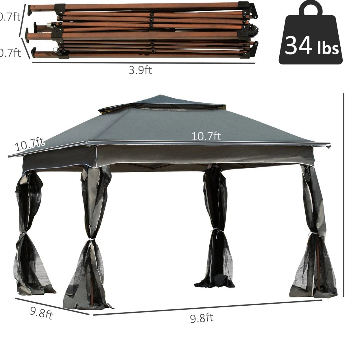 11′ X Pop Up Canopy Gazebo, Outdoor Patio Shelter With Detachable Zipper Net. Instant Tent For Backyard And Garden. Dark Gray. 114 Sq Ft Shade - Image 2