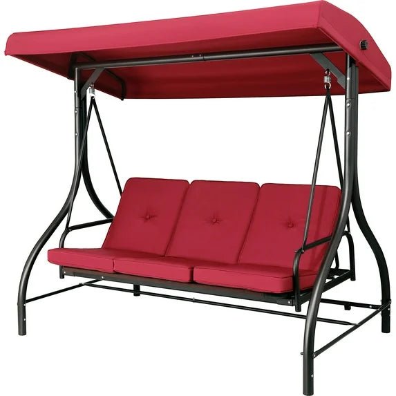 3-Seat Porch Swing with Adjustable Canopy, Outdoor Swing Chair Convertible Swing Bed with Removable Cushion for Yard Garden Balcony