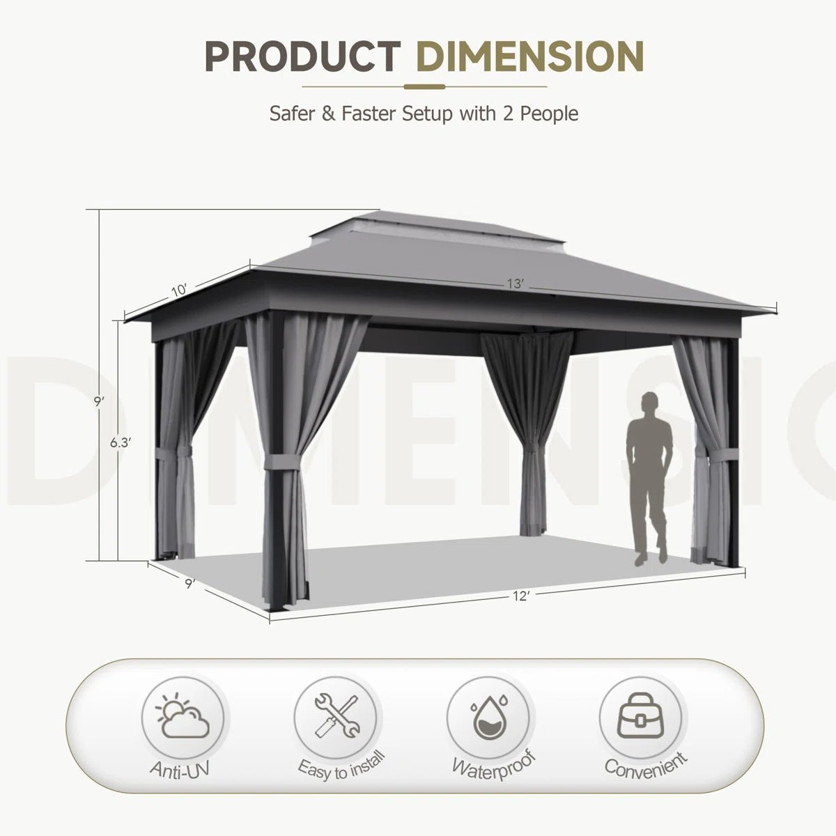 13 Ft. W x 10 Ft. D Soft Top Steel Patio Gazebo with 2-Tier Canopy and Zippered Mesh Netting for Outdoor, Patio, Garden, and Backyard Activities - Image 5