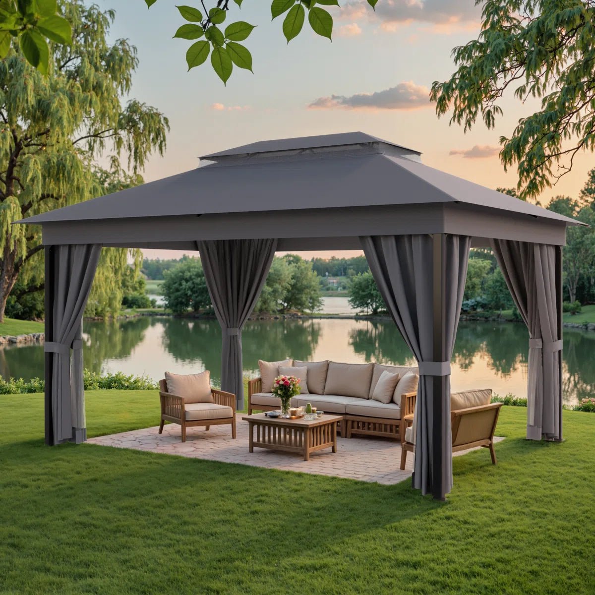 13 Ft. W x 10 Ft. D Soft Top Steel Patio Gazebo with 2-Tier Canopy and Zippered Mesh Netting for Outdoor, Patio, Garden, and Backyard Activities - Image 6