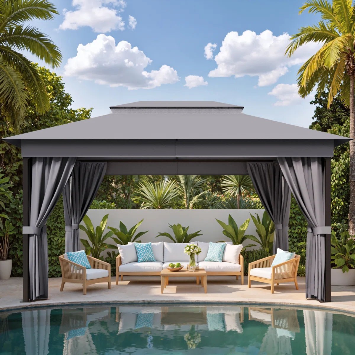 13 Ft. W x 10 Ft. D Soft Top Steel Patio Gazebo with 2-Tier Canopy and Zippered Mesh Netting for Outdoor, Patio, Garden, and Backyard Activities - Image 7