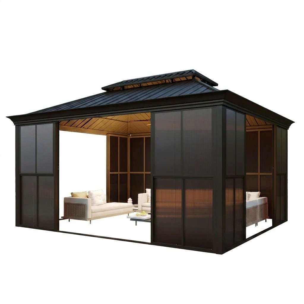 14 Ft. W X 12 Ft. D Outdoor Hardtop Gazebo, Double Top Galvanized Steel Roof Aluminum Sunroom
