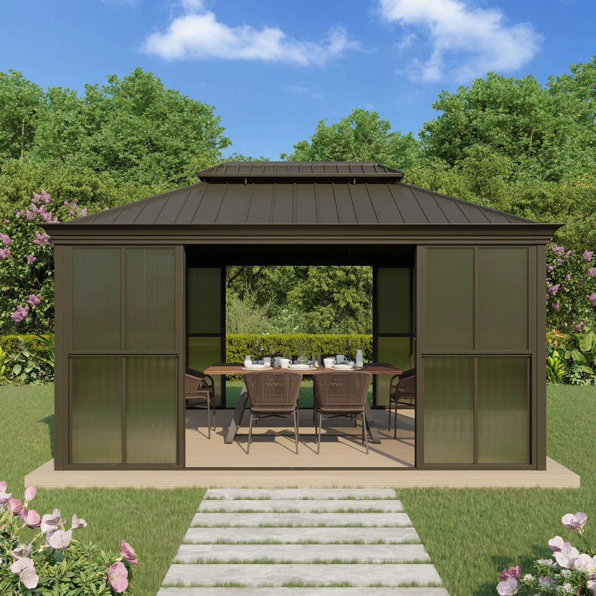 14 Ft. W X 12 Ft. D Outdoor Hardtop Gazebo, Double Top Galvanized Steel Roof Aluminum Sunroom - Image 11