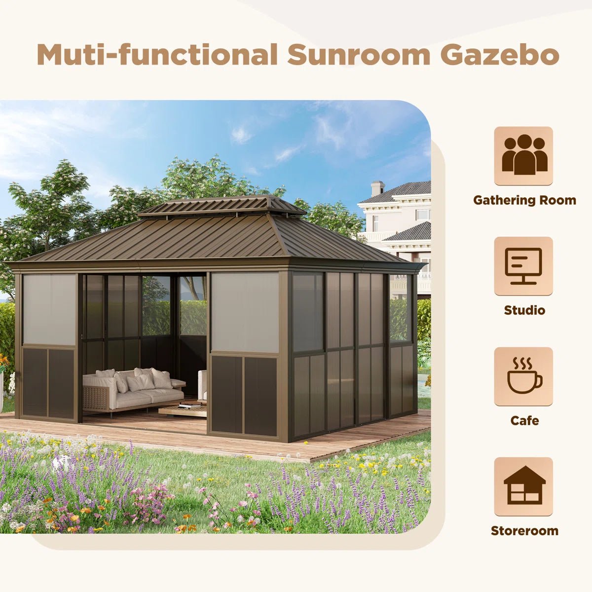 14 Ft. W X 12 Ft. D Outdoor Hardtop Gazebo, Double Top Galvanized Steel Roof Aluminum Sunroom - Image 4