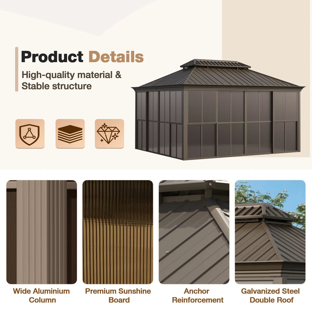 14 Ft. W X 12 Ft. D Outdoor Hardtop Gazebo, Double Top Galvanized Steel Roof Aluminum Sunroom - Image 8