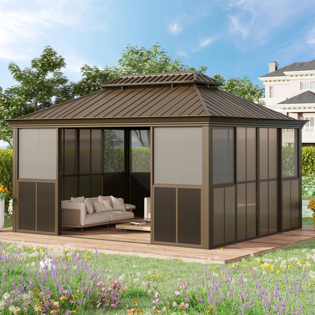 14 Ft. W X 12 Ft. D Outdoor Hardtop Gazebo, Double Top Galvanized Steel Roof Aluminum Sunroom - Image 9