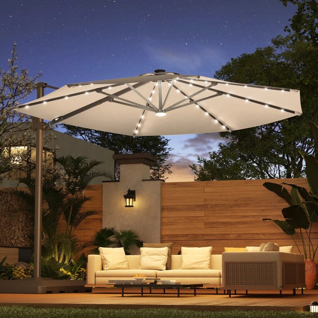 11′ Patio Cantilever Umbrella with Wind-Vent, 240g Solution-Dyed Fabric, Solar LED Lights and Weighted Base Included