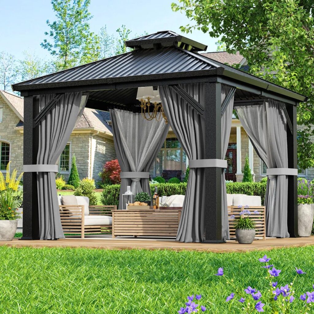 10 x 10 ft. Heavy-Duty Aluminum Frame Outdoor Gazebo with Double-Layer Galvanized Steel Roof, All-Weather Metal Gazebo Includes Curtains, Mesh Netting and Anchor Kit for Patio & Backyard