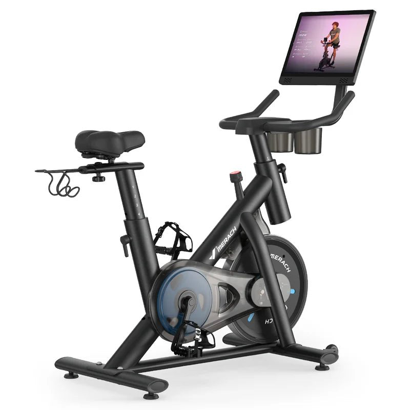 Aura Indoor Exercise Bike with 15.6″ Full HD Rotating Touchscreen, Phone Mirroring, 8 Resistance Levels, 8-Way Adjustable Seat