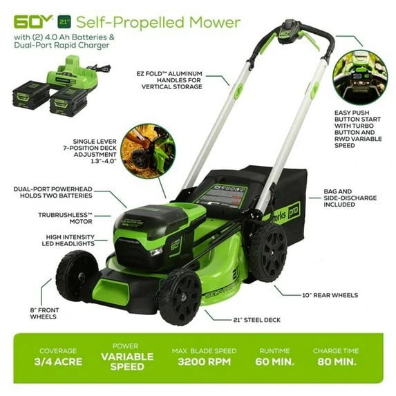 60V 21″ Brushless Self-Propelled Battery Powered Lawn Mower + (2) 4.0Ah Batteries & Dual Port Charger - Image 5
