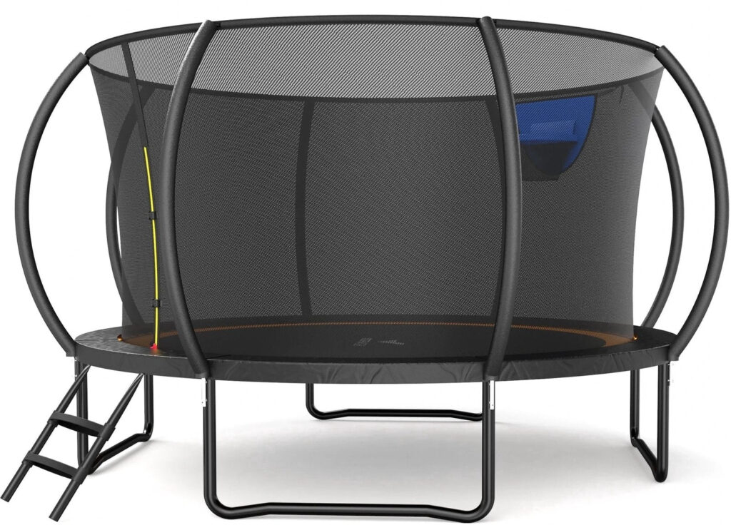 14FT Pumpkin Outdoor Trampoline with Safety Enclosure Net, Basketball Hoop & Ladder, Heavy Duty Backyard Trampoline for Kids & Adults