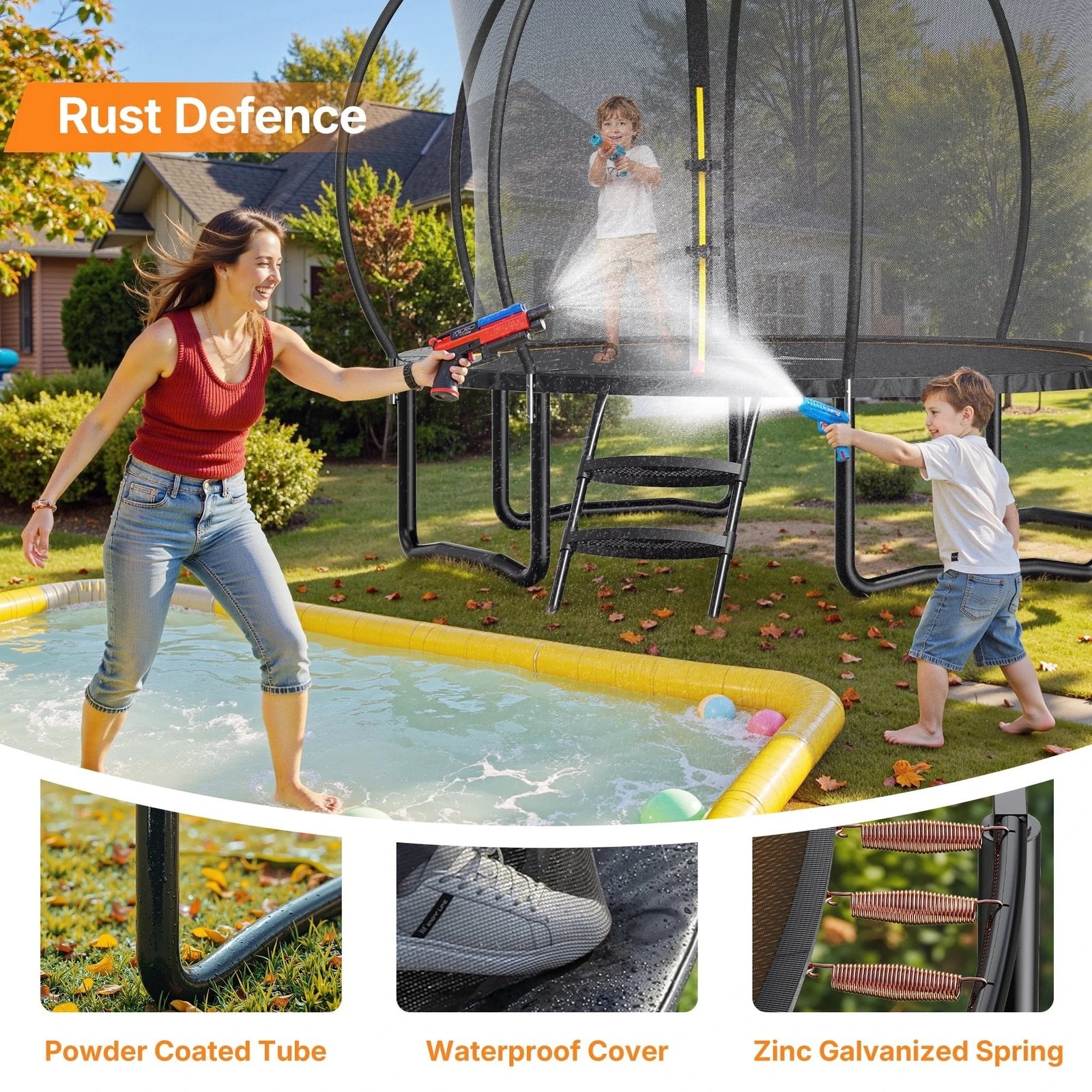 14FT Pumpkin Outdoor Trampoline with Safety Enclosure Net, Basketball Hoop & Ladder, Heavy Duty Backyard Trampoline for Kids & Adults - Image 3