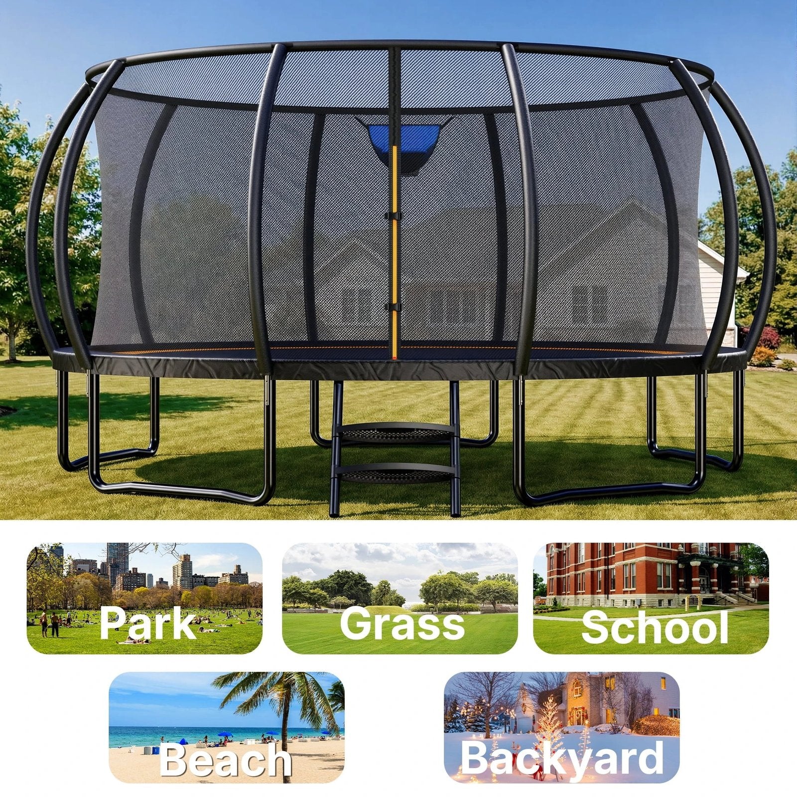 14FT Pumpkin Outdoor Trampoline with Safety Enclosure Net, Basketball Hoop & Ladder, Heavy Duty Backyard Trampoline for Kids & Adults - Image 4