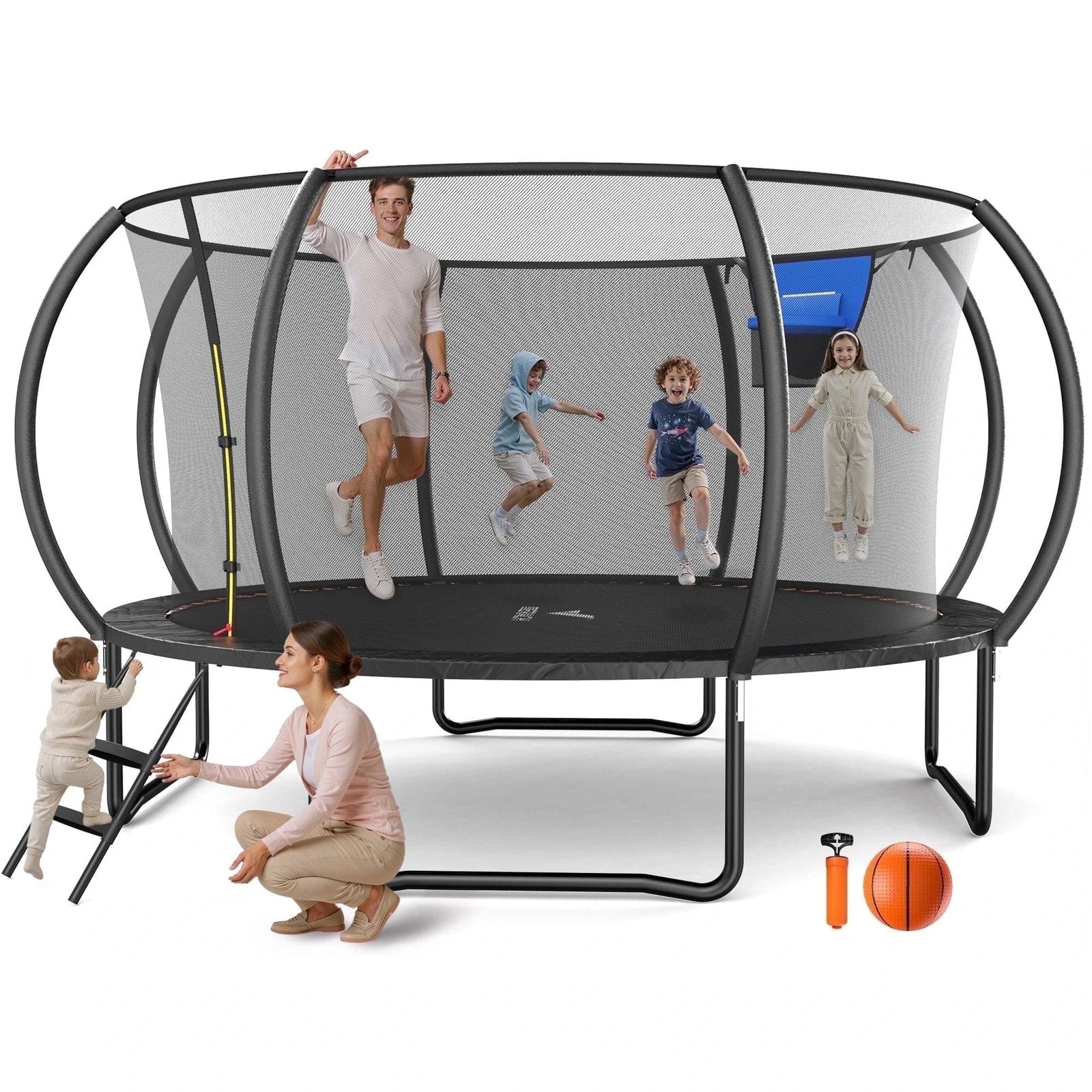 14FT Pumpkin Outdoor Trampoline with Safety Enclosure Net, Basketball Hoop & Ladder, Heavy Duty Backyard Trampoline for Kids & Adults - Image 6