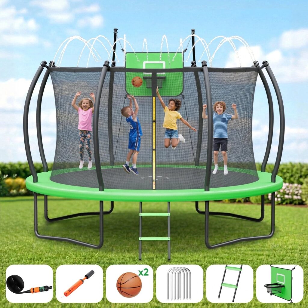 Outdoor Trampoline, 8FT/12FT/14FT/16FT Round Jumping Trampoline with Ladder,Sprinkler,Basketball Hoop Board,Recreational Backyard Trampolines Anti-Rust for Kids Gift